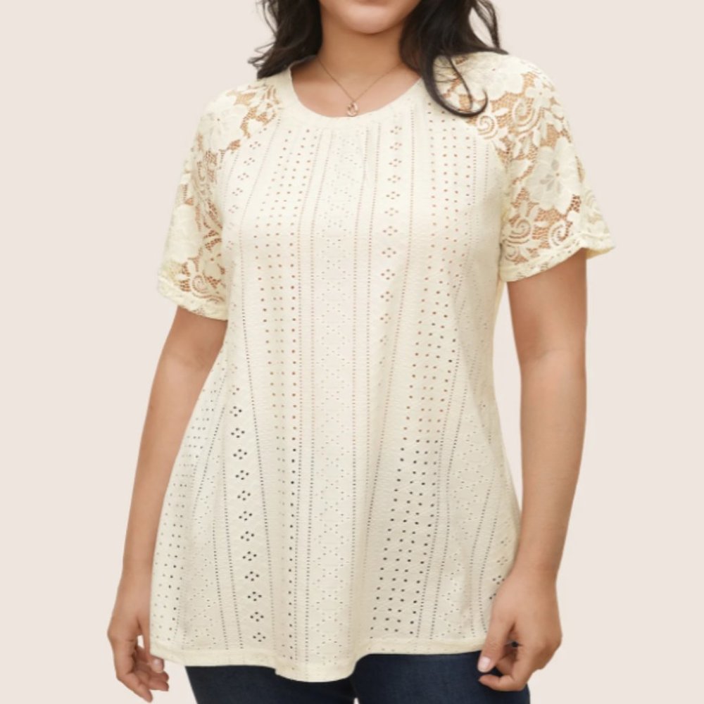 Solid Broderie Anglaise Lace Raglan Sleeve T-Shirt